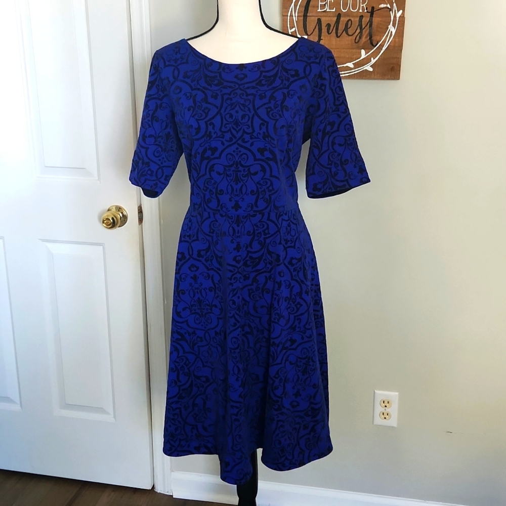 Lands End blue knit with raised black flock pattern midi dress Sz L 14-16